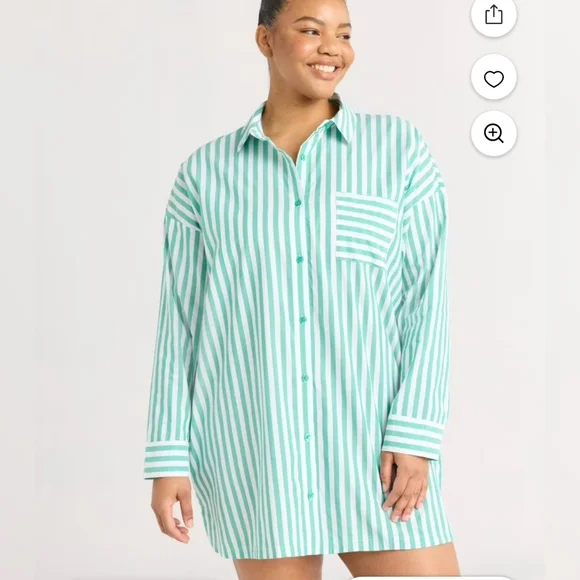 Joyspun Women's Green White Cabana Striped Sleep Shirt Swim Cover Up Pockets 3X - Picture 1 of 12